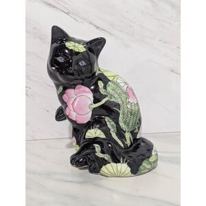 Vintage Black Ceramic Maneki or Neko Lucky Cat Hand Painted Florals Macau China